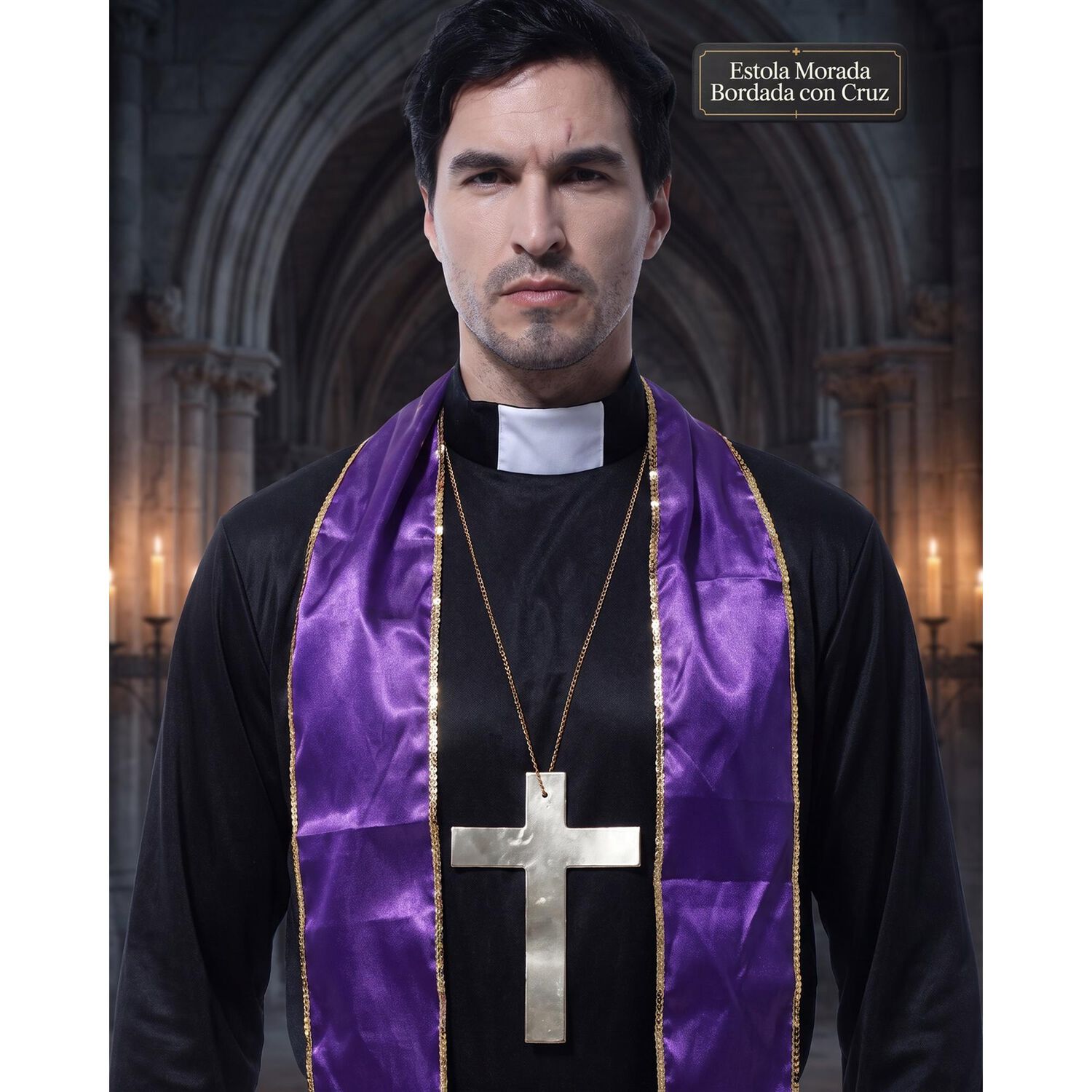 Disfraz Cosplay Cura Monje Morado Religioso image number 7.0