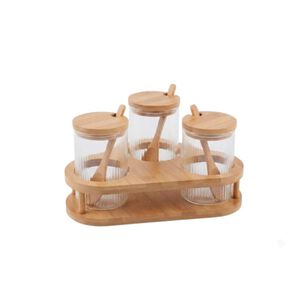 Organizador Cocina 3 Frascos Condimenteros Vidrio Bamb&uacute; Cucharas