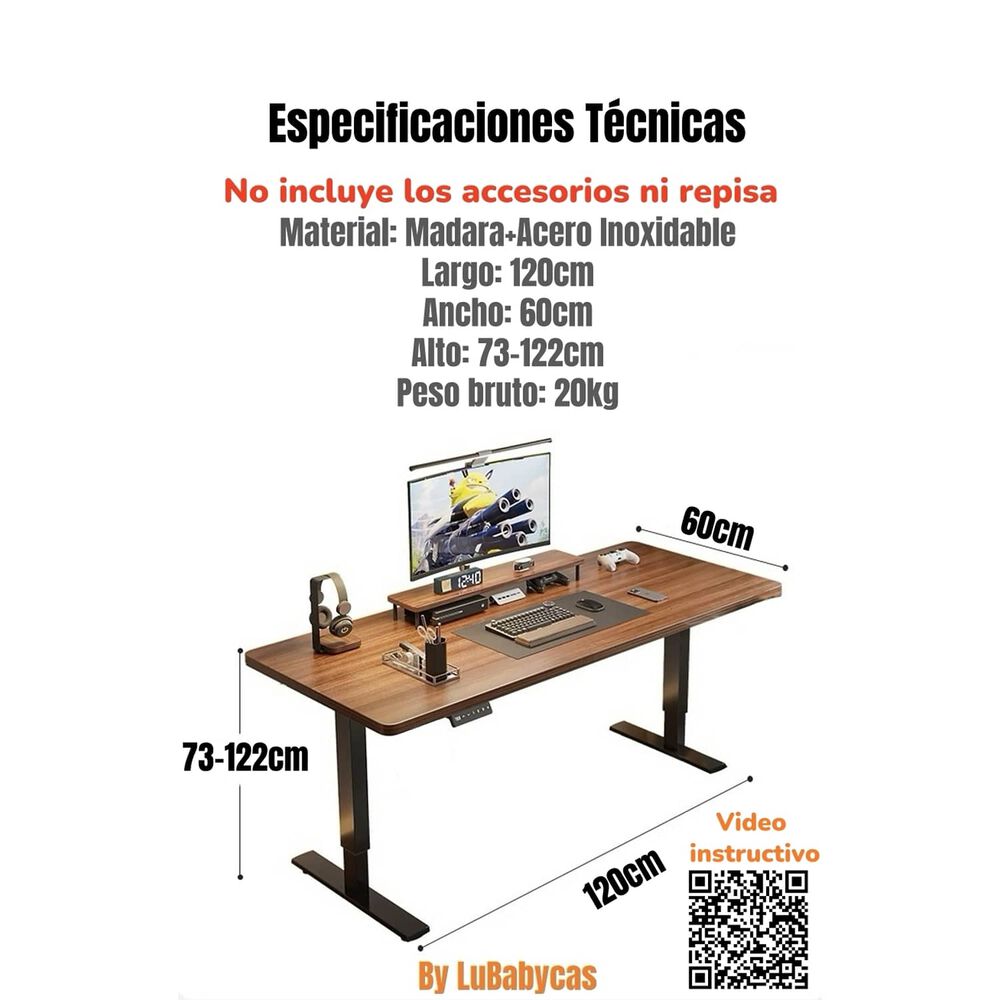 Escritorio El&eacute;ctrico Regulable Accesorios 120cm Lubabycas image number 6.0
