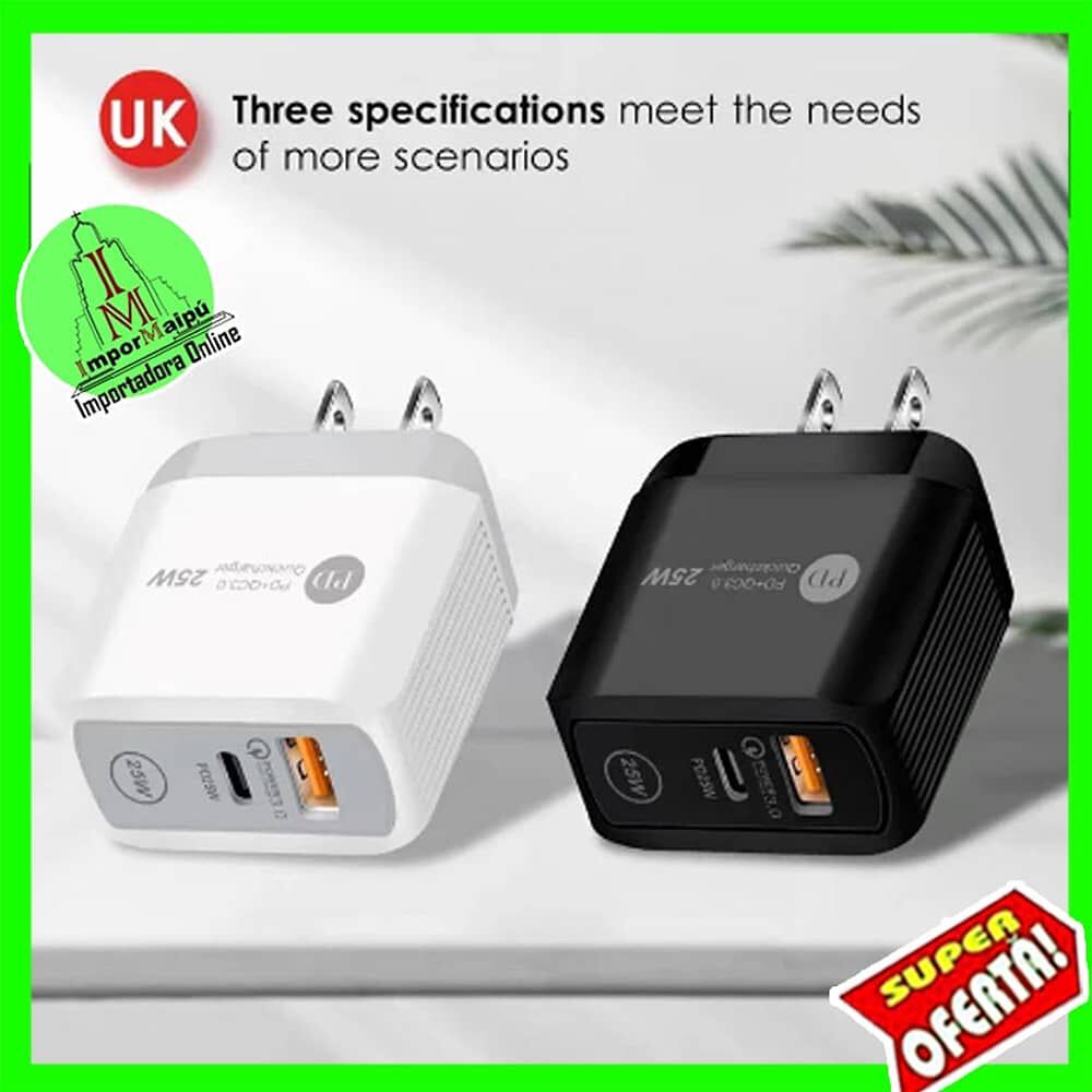 Cargador De Pared Para Celular 25w Tipo C Y Usb Normal Carga Rapida Para Iphone Android Samsung image number 6.0