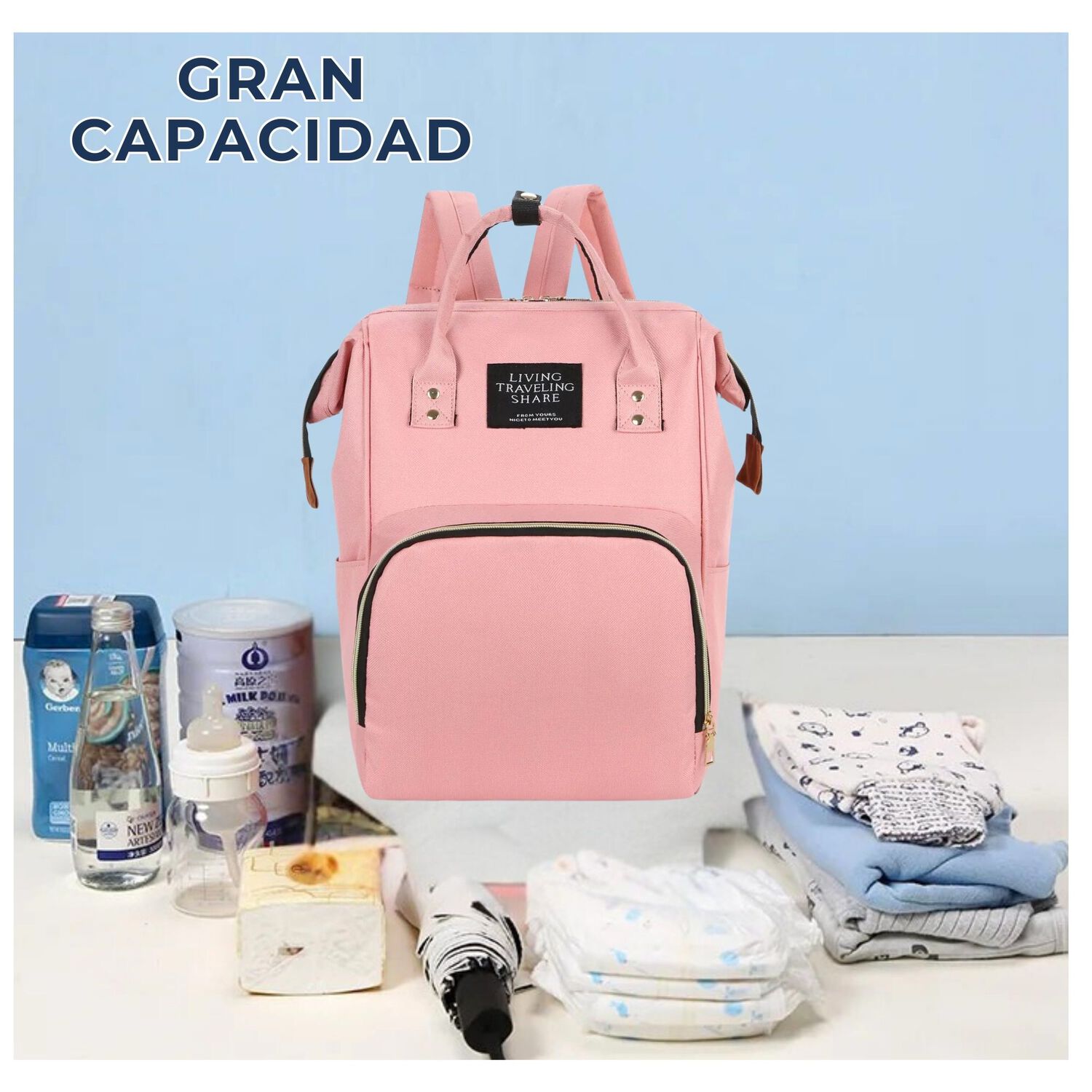 Mochila Maternal Bolso Pa&ntilde;alera Nylon Beb&eacute; Dise&ntilde;o Unicolor T&eacute;rmica E Impermeable Pink image number 4.0