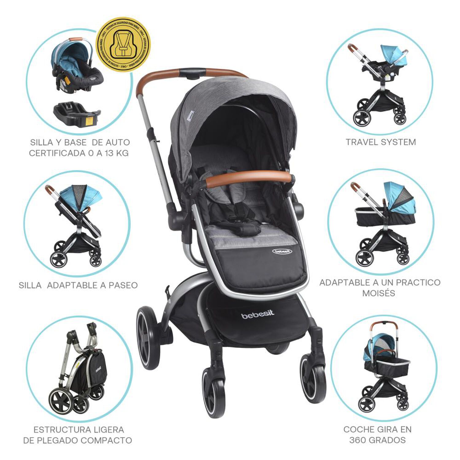 Coche Cuna Travel System Bebesit Deluxe 360&deg; Sx Gris image number 4.0