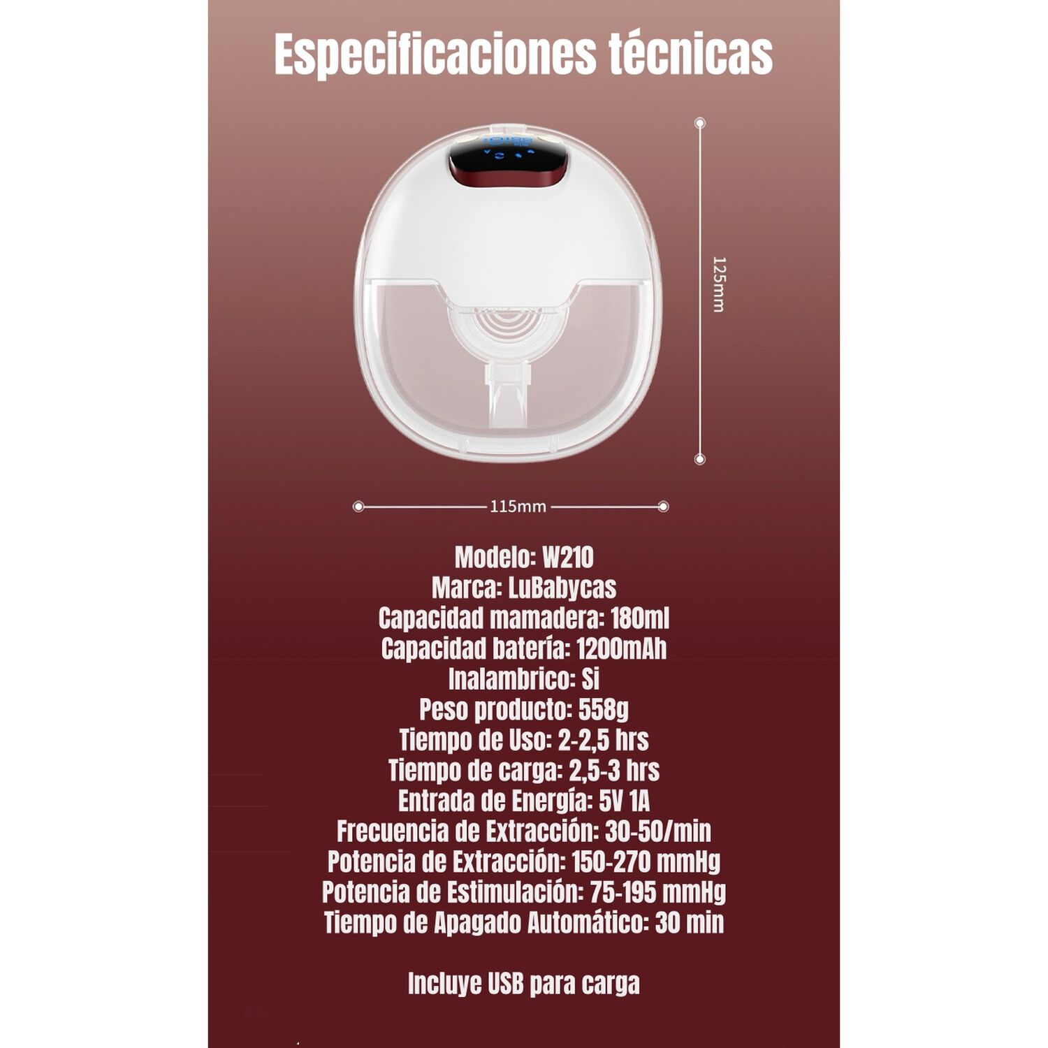 Extractor De Leche El&eacute;ctrico Port&aacute;til W210 Lubabycas image number 4.0