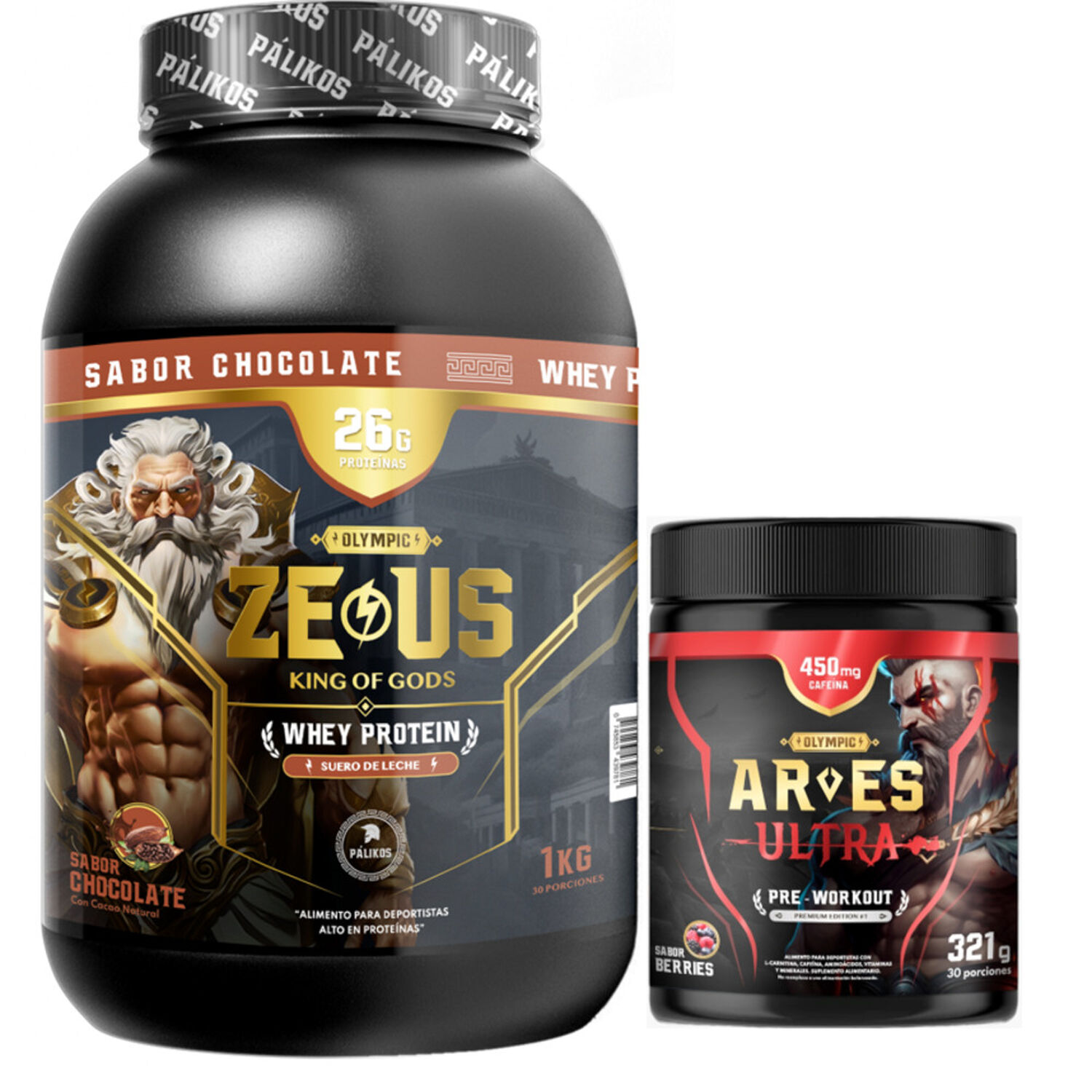 Proteina Zeus 1kg Chocolate + Ares Ultra 450 Mg Cafeina. image number 0.0