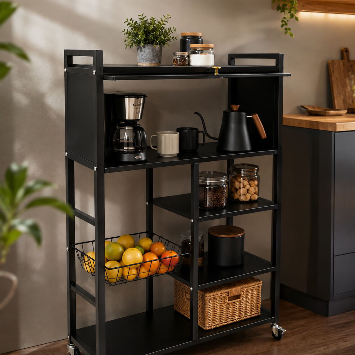 Estante Organizador Multiuso De Cocina Con Gabinete Y Ruedas Color Negro image number 4.0