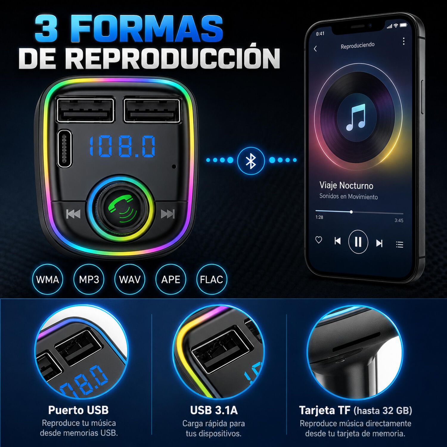 Transmisor Fm Bluetooth + Puerto Quick Charge 20w 12/24v Rgb image number 2.0
