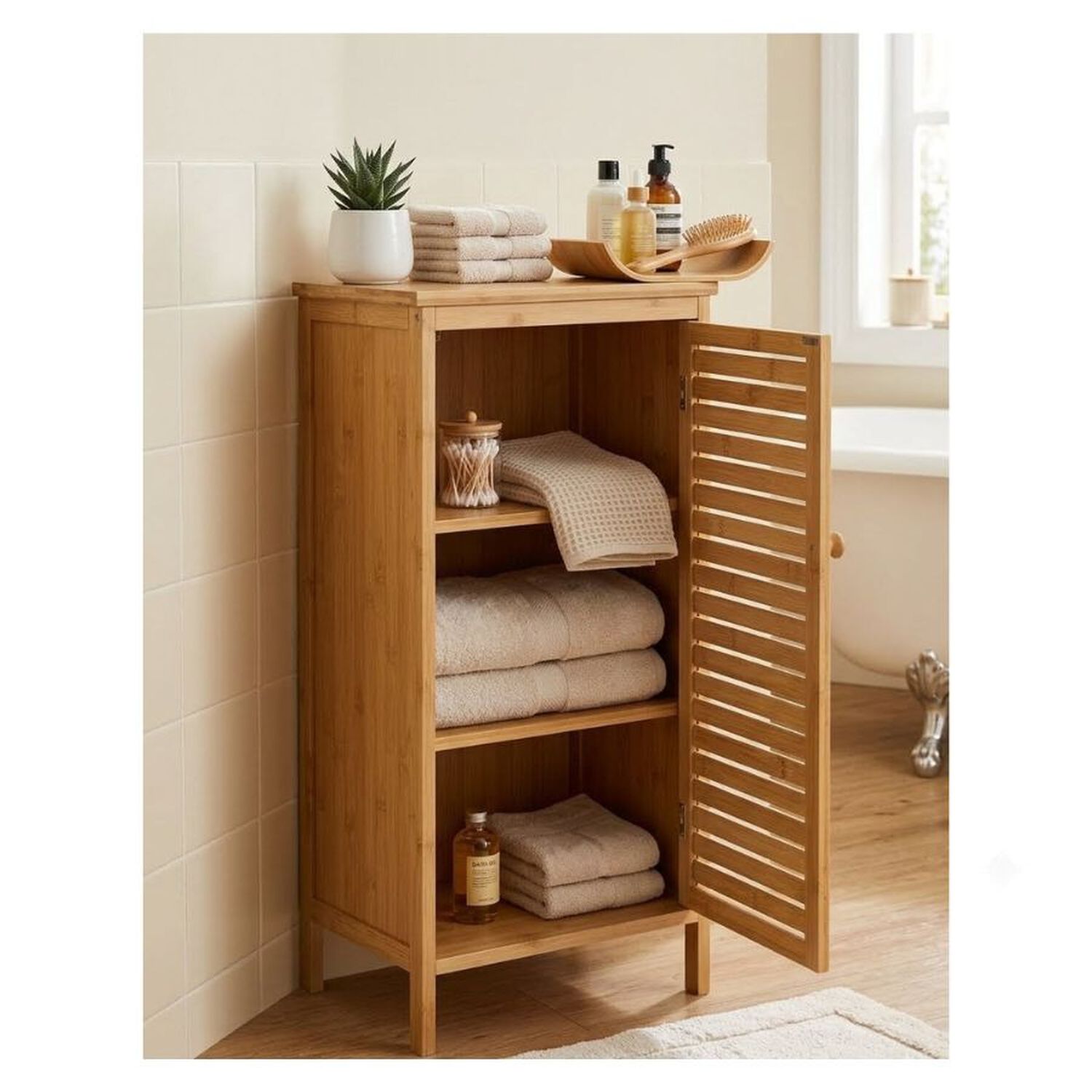 Armario Ba&ntilde;o Bamb&uacute; Organizador De Suelo Con Puerta Madera image number 2.0