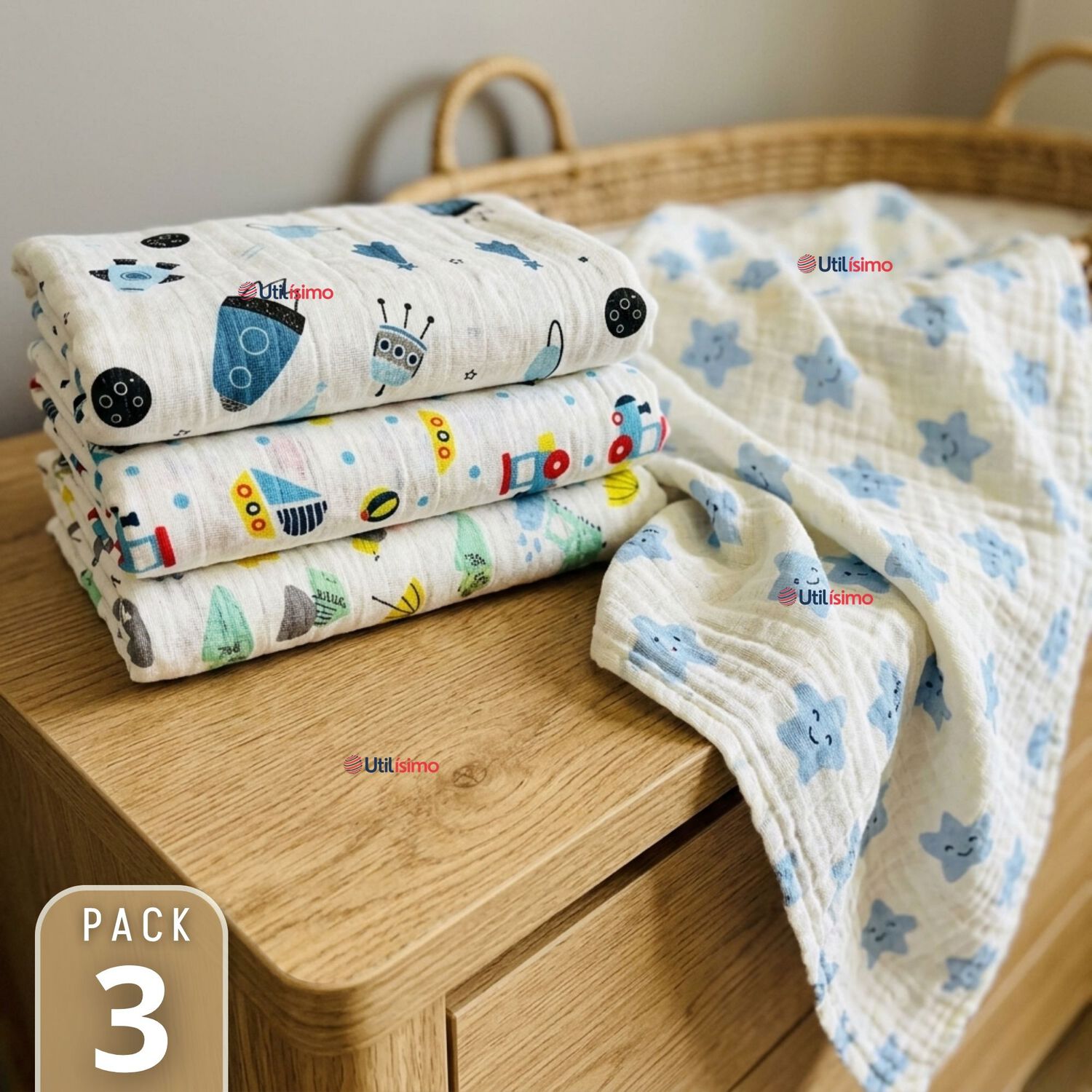 Pack 3 Mantas Muselina 70x 70 Cm Beb&eacute; Ni&ntilde;o Multiuso 100% Algod&oacute;n Colores Surtidos image number 0.0