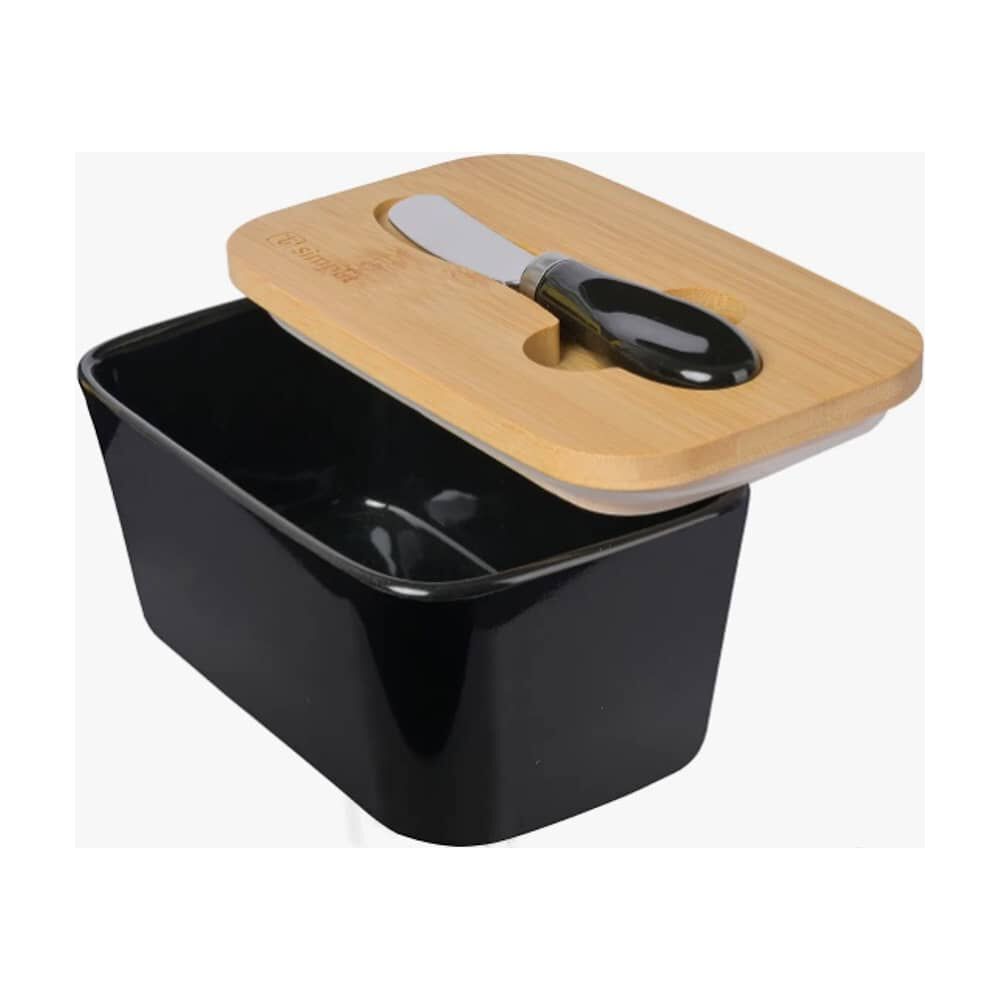 Mantequillero Cer&aacute;mica Tapa Bamboo + Cuchillo 600 Ml Negro image number 4.0
