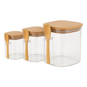 Set 3 Frascos Hermeticos Cuadrado Vidrio Con Cuchara Bambú