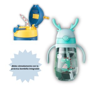 Botella Pl&aacute;stica 480 Ml Con Bombilla Y Orejitas Kawai Sin Bpa Ni&ntilde;os Dinosaur With Handles