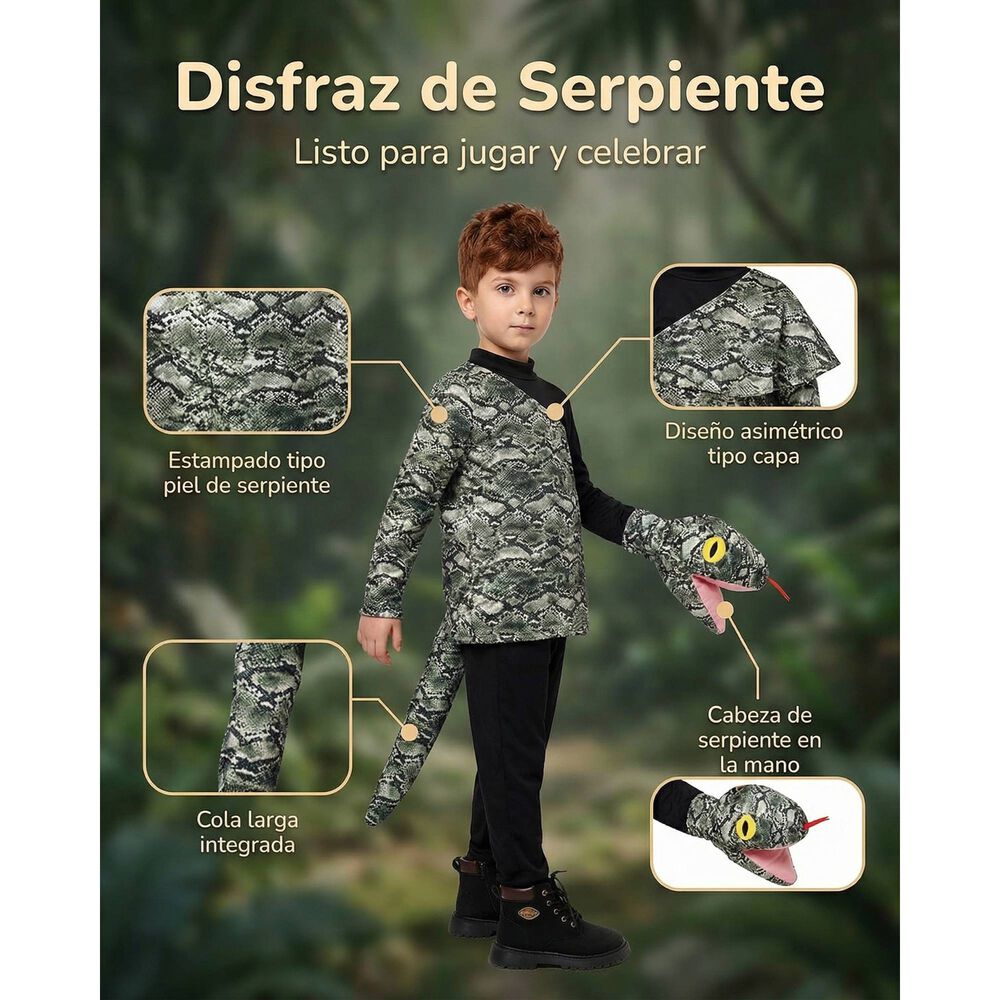 Disfraz Anaconda Infantil Tipo Capa Con Cabeza De Serpiente, Para Fiestas Y Cosplay image number 4.0