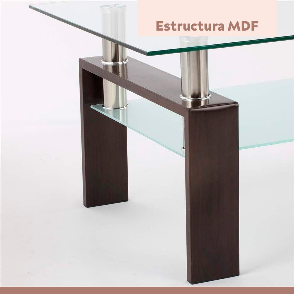 Mesa De Centro Para Living Rectangular De Vidrio Y Madera Oscura image number 6.0
