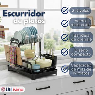 Secador Escurridor De Platos Loza Vajilla 2 Niveles Drenaje Autom&aacute;tico Color Negro