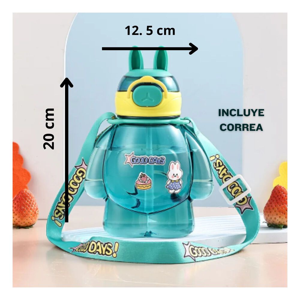 Botella Plástica 650ml Con Correa Y Orejitas Estilo Kawai Sin Bpa Niños Turquoise image number 2.0