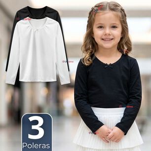 Pack 3 Camisetas Poleras Algod&oacute;n Cuello Redondo Primera Capa Manga Larga Colores Surtidos Ni&ntilde;a