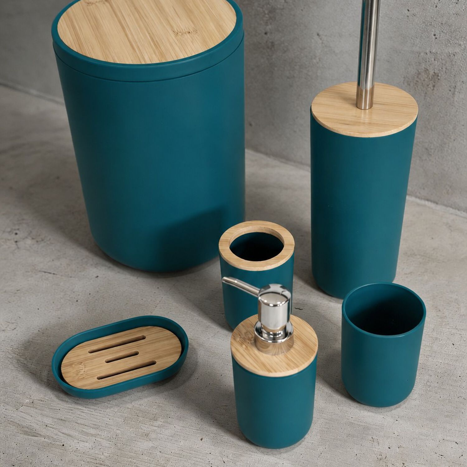 Set De Ba&ntilde;o Completo 6 Piezas De Abs Y Bambu Moderno Color Turquesa image number 6.0