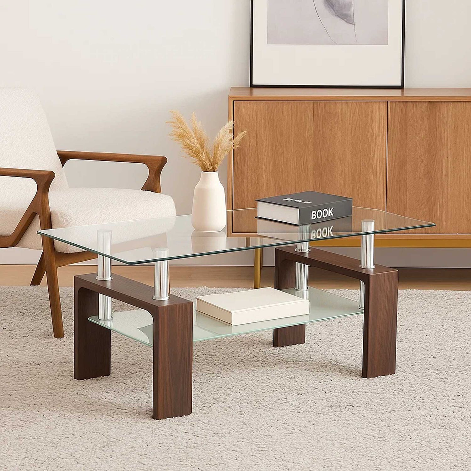 Mesa De Centro Para Living Rectangular De Vidrio Y Madera Oscura image number 5.0