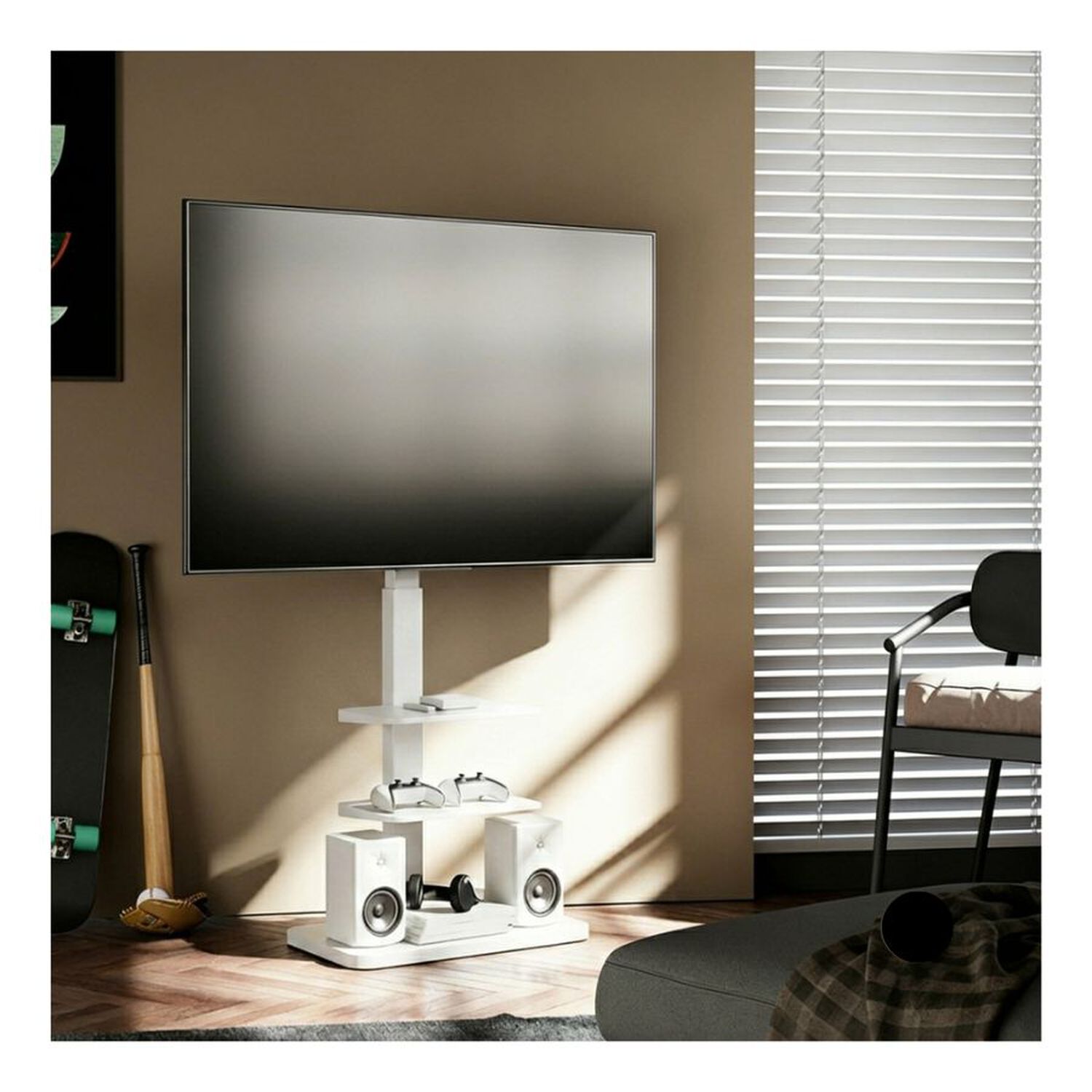 Soporte Tv M&oacute;vil Con Ruedas 32-65" Altura Regulable Blanco image number 2.0