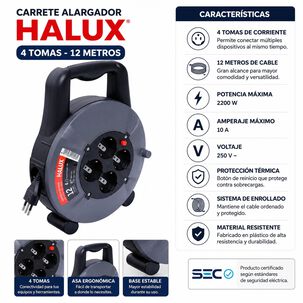 Carrete Alargador Halux 4 Tomas 12m 2200w Negro