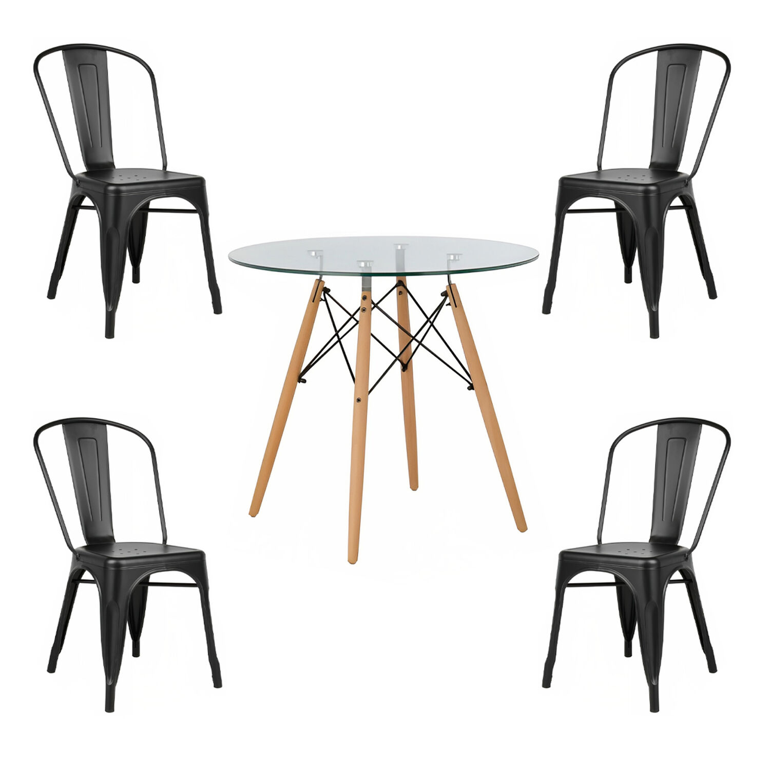 Comedor Mesa Redonda Vidrio 80cm + 4 Sillas Tolix Negras image number 0.0