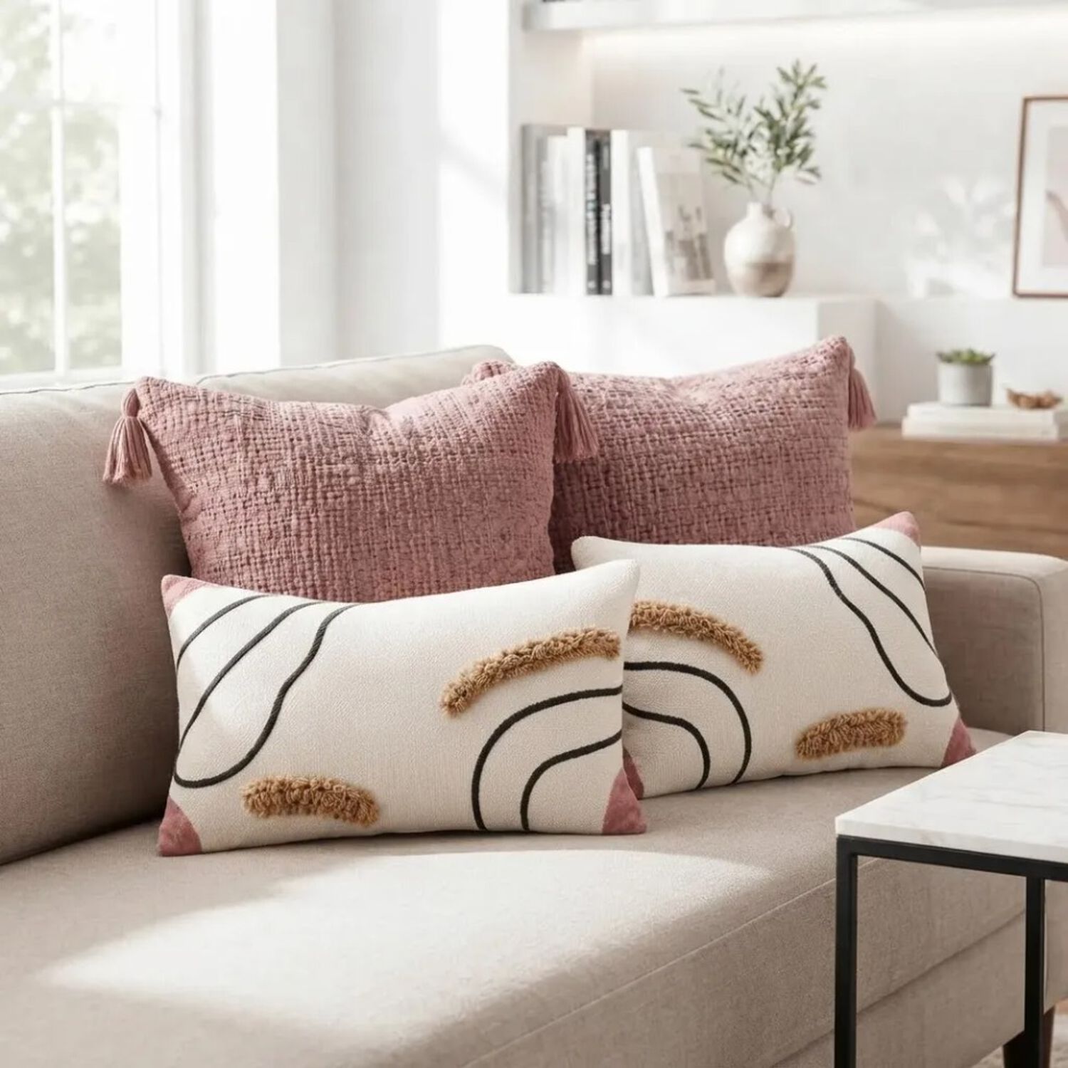 Set De 4 Cojines Decorativos Dunas Ros&eacute; Chenille Y Tejido image number 2.0