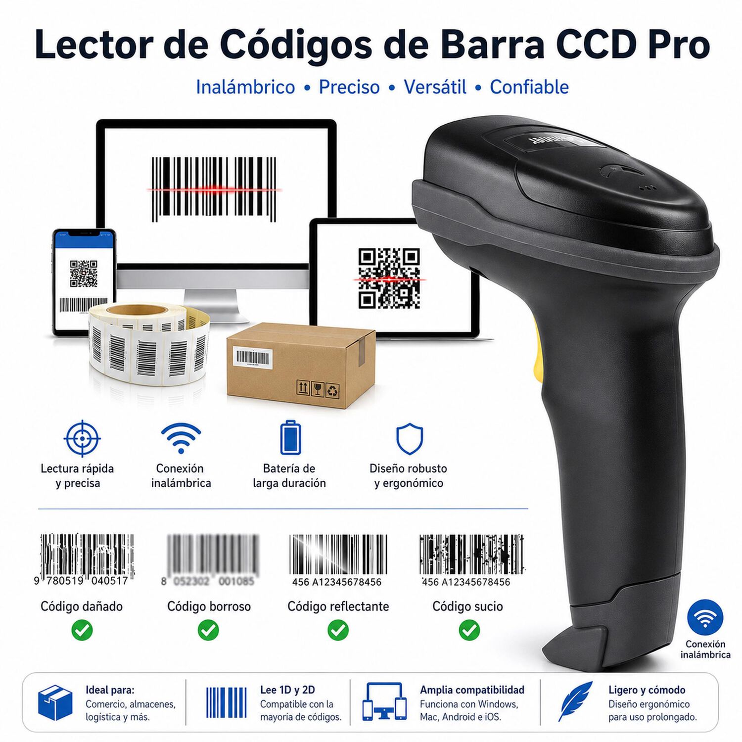 Lector De C&oacute;digos De Barra Inal&aacute;mbrico Ccd 2.4g Recargable image number 5.0