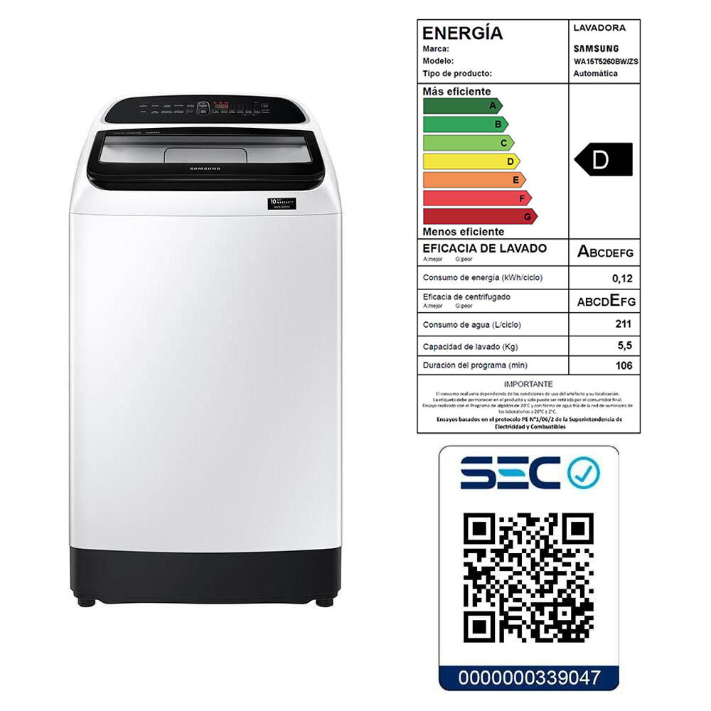Lavadora Samsung WA15T5260BW/ZS / 15 Kg image number 10.0