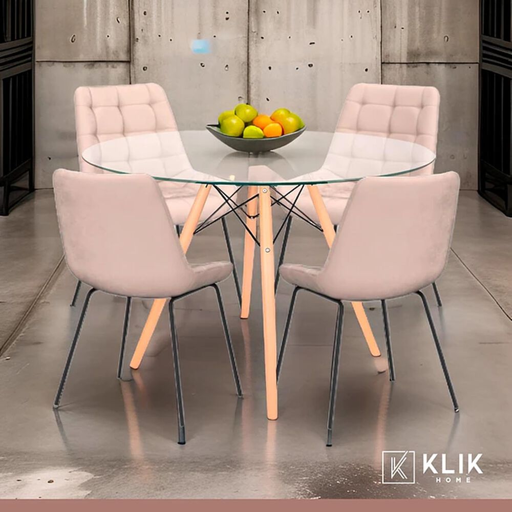 Comedor Mesa Eames 80cm Redonda Vidrio + 4 Silla Macron Terciopelo - Beige image number 1.0