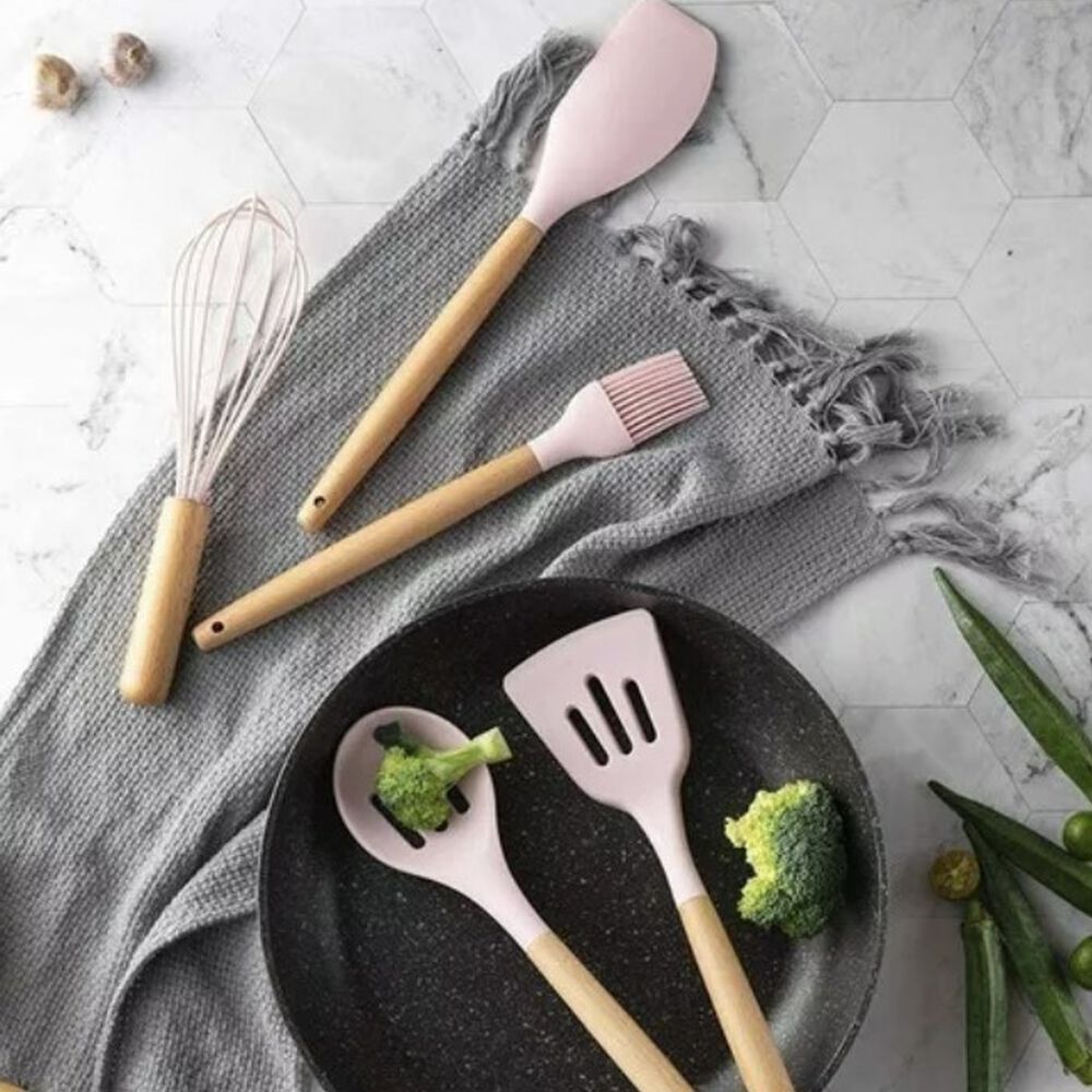 Set 12 Utensilios Cocina Mango Silicona Y Madera Repostería Rosa image number 2.0