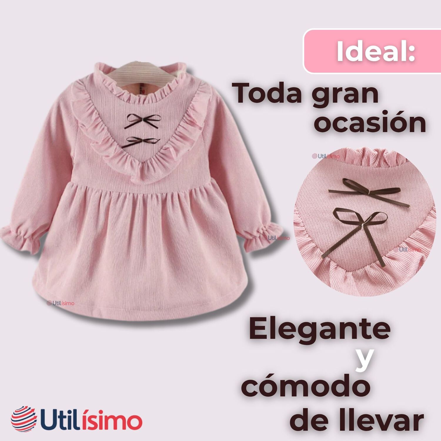 Vestido De Cotel&eacute; Con Bolso Conejo Forrado En Plush Ni&ntilde;a Color Rosa image number 3.0