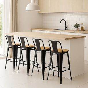 Pack De 4 Taburetes Tolix Con Asiento De Madera Clara - Negros