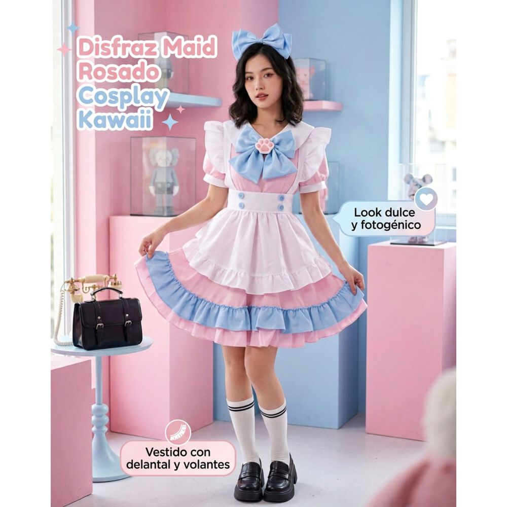 Disfraz Maid Rosado Cosplay Kawaii image number 6.0