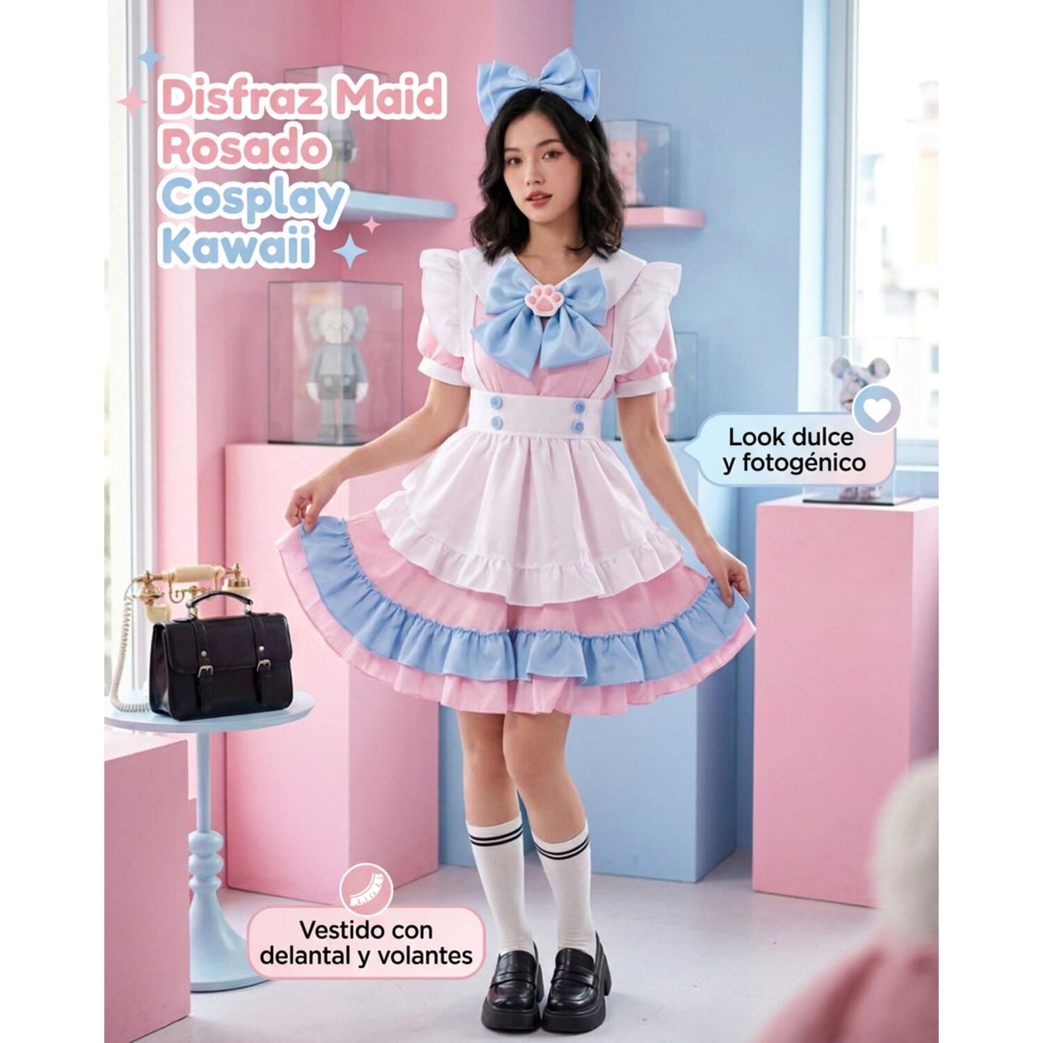 Disfraz Maid Rosado Cosplay Kawaii image number 6.0