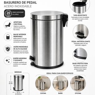 Basurero Pedal Acero Inoxidable 20 Litros Taumm Cromo