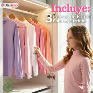 Pack 3 Poleras Camisetas Bamb&uacute; Cuello Beatle Primera Capa Manga Larga Colores Surtido Ni&ntilde;a