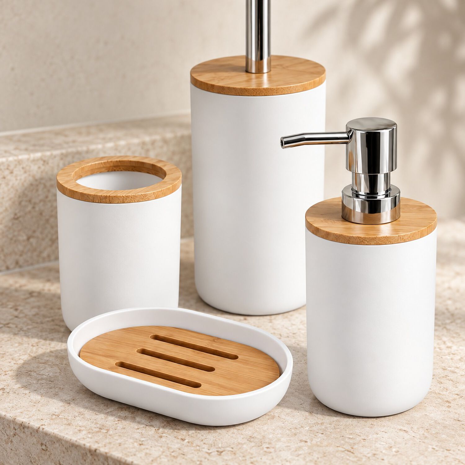 Set De Ba&ntilde;o Completo 6 Piezas De Abs Y Bambu Con Basurero Dispensador Y Escobilla Color Blanco image number 3.0
