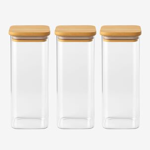 Set 3 Frascos Hermetico 680ml Cuadrado Vidrio 20cm Tapa Bambú