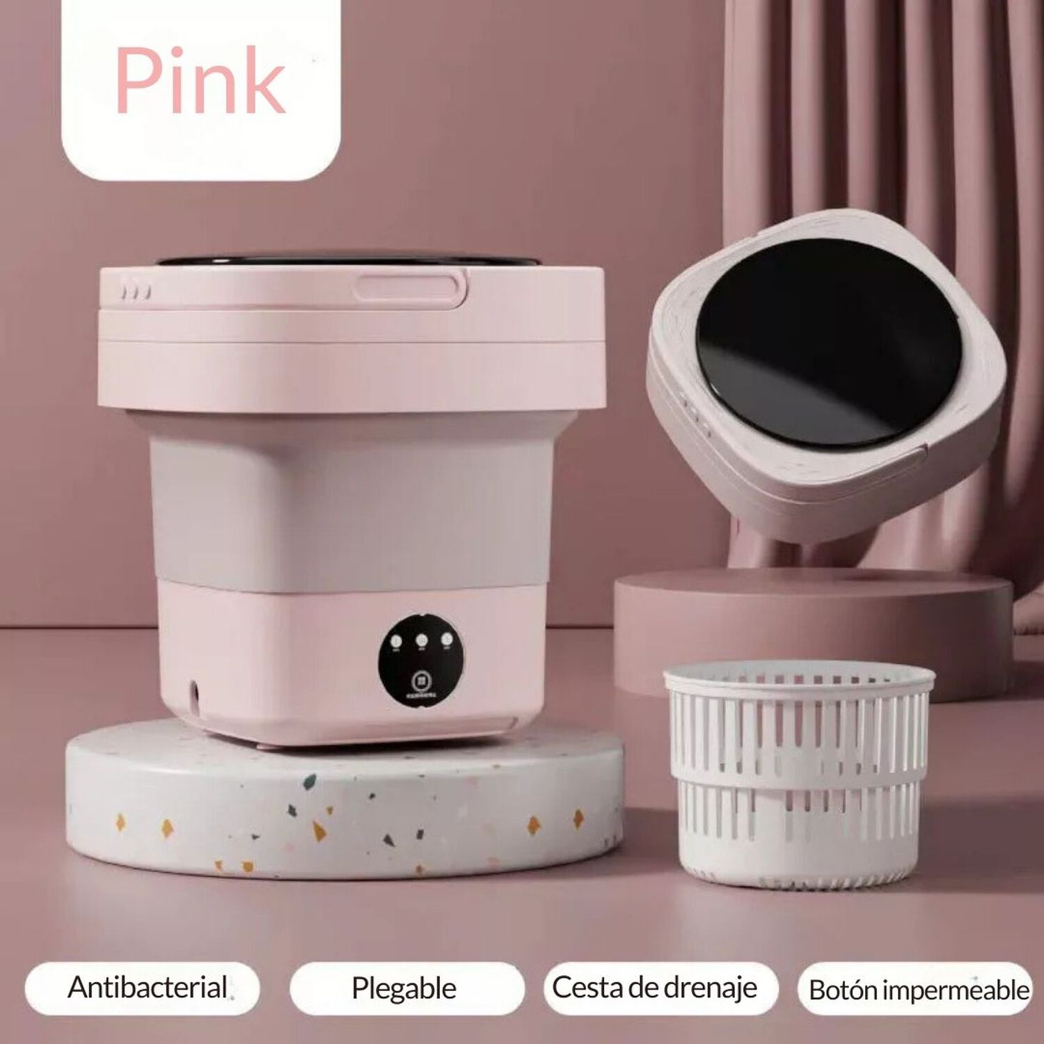Mini Lavadora Port&aacute;til Plegable 9 Litros De Cubo Peque&ntilde;o Rosada image number 4.0
