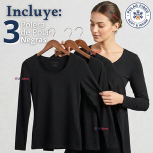 Pack 3 Camisetas Poleras Polar Primera Capa Negro Manga Larga Mujer