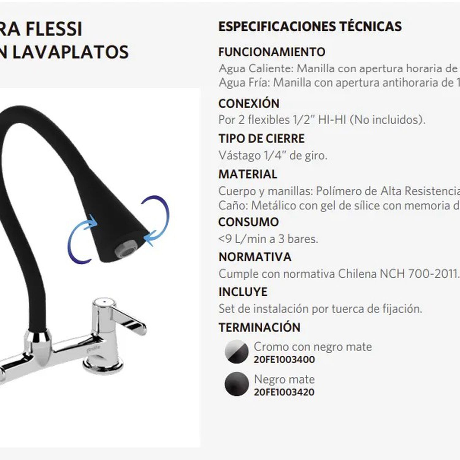 Combinacion Lavaplatos Ferrara Stretto Cromada Cuello Negro Mate image number 6.0