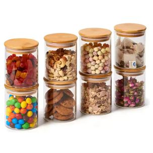 Set 8 Frascos Para Condimentos Vidrio Tapa Bambu Con Soporte