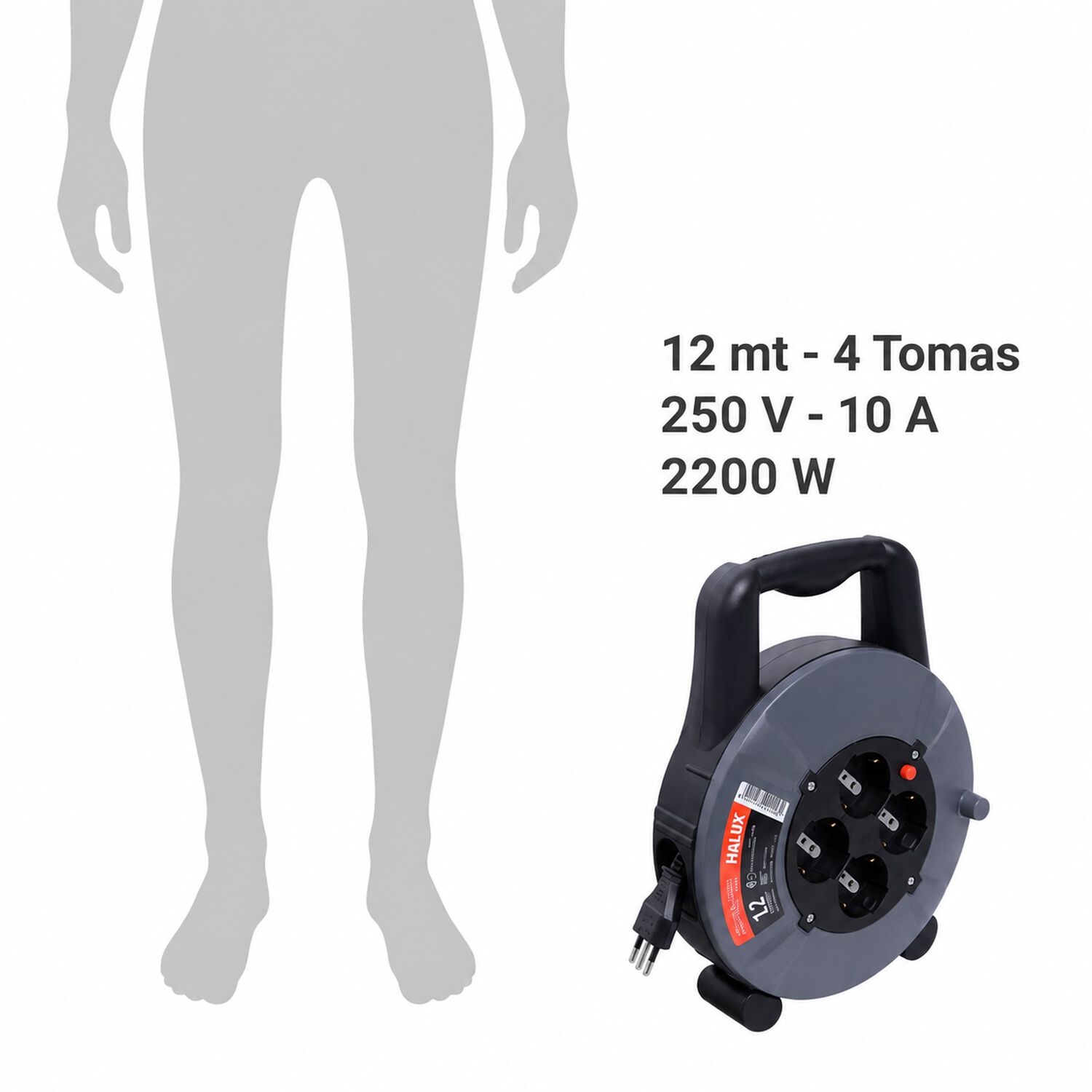 Carrete Alargador Halux 4 Tomas 12m 2200w Negro image number 2.0