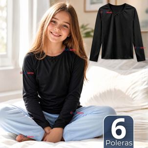 Pack 6 Camisetas Poleras Algod&oacute;n B&aacute;sica Cuello Redondo Primera Capa Manga Larga Colores Surtidos Negro Blanco Ni&ntilde;a