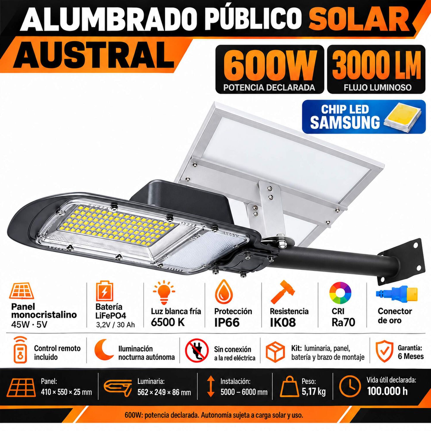 Luminaria Solar Peatonal Austral 600w Con Panel De Alta Eficiencia image number 5.0
