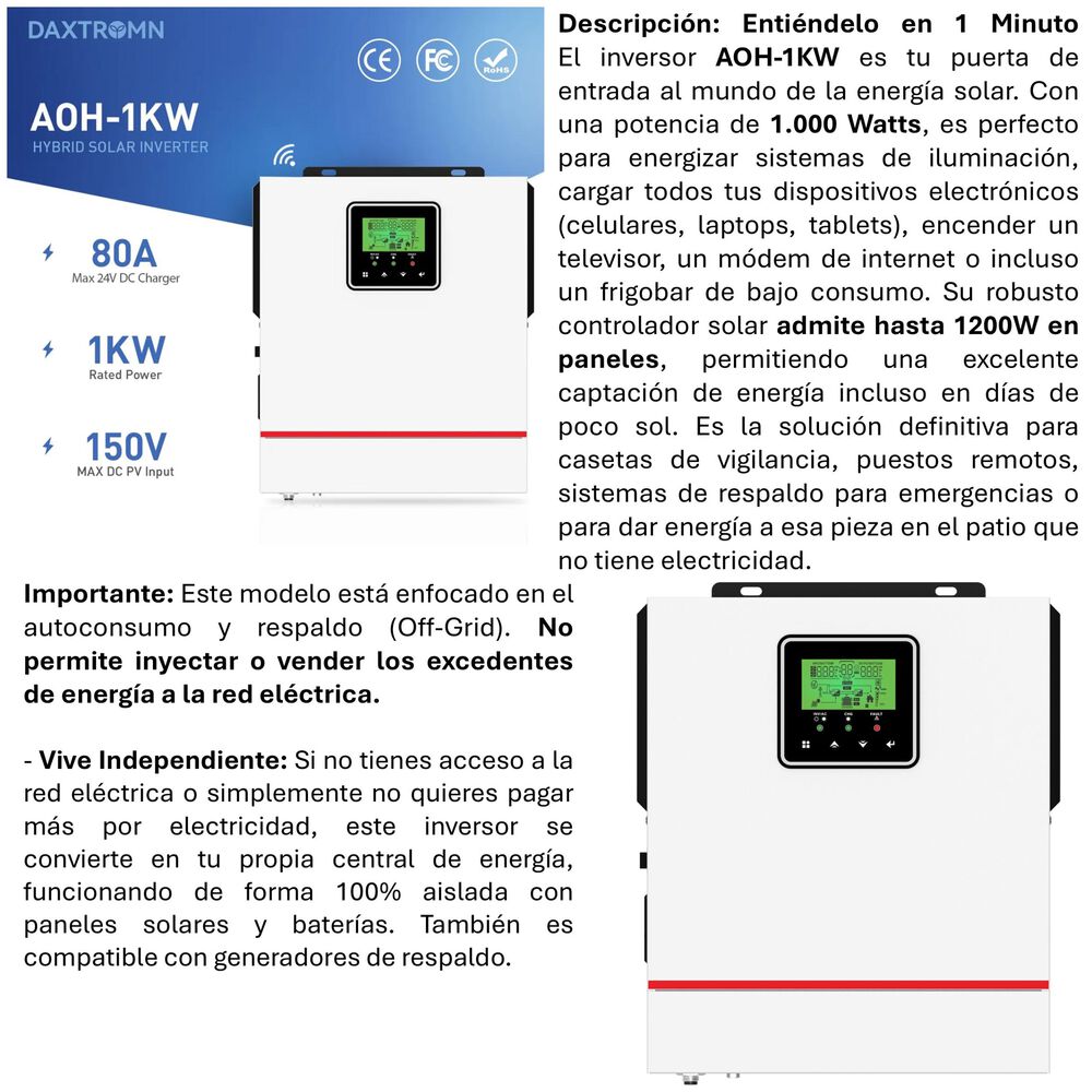 Inversor Solar 1000w 12v Potencia M&aacute;xima 2000w image number 1.0