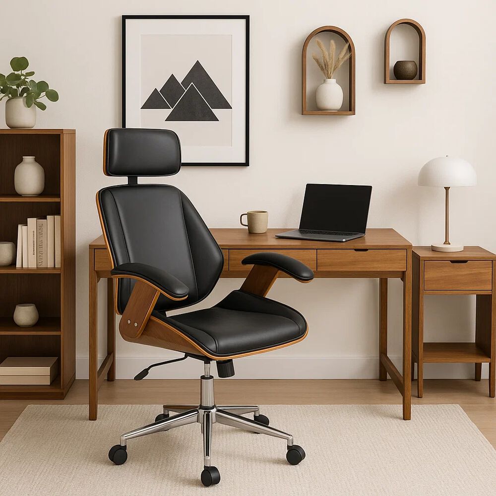 Silla Oficina Cuero Negra Con Apoyabrazos Madera Y Respaldo Cabeza image number 2.0
