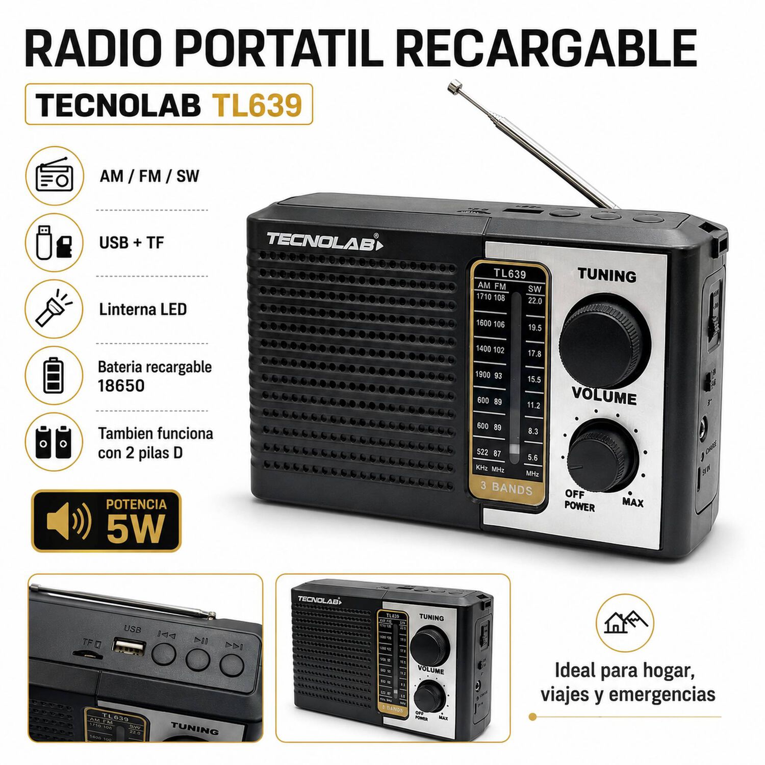 Radio Port&aacute;til Am/ Fm/ Sw Recargable +pilas + Luz Led 5w Rms image number 4.0