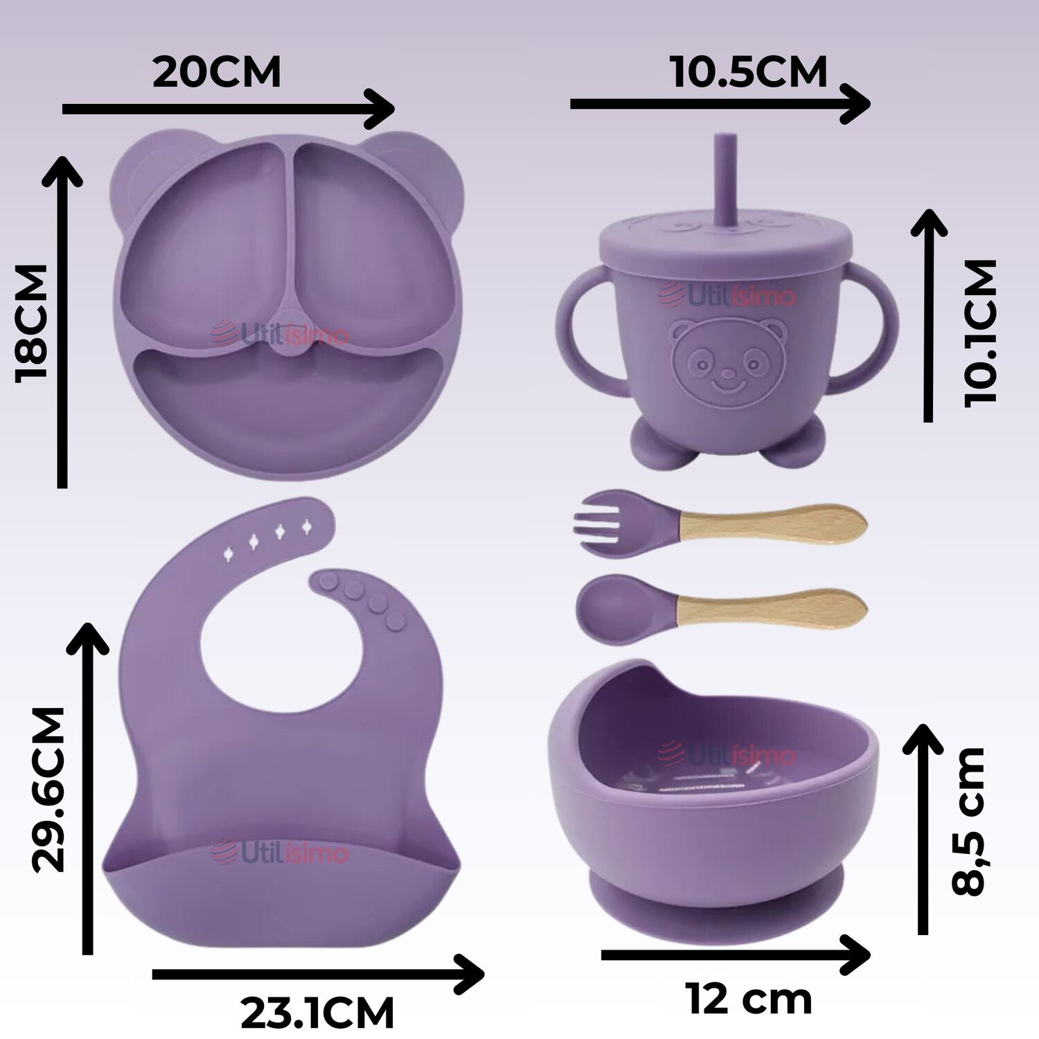 Set De Alimentaci&oacute;n Beb&eacute; Silicona De Oso 6 Piezas Libre Bpa Color Lila image number 1.0