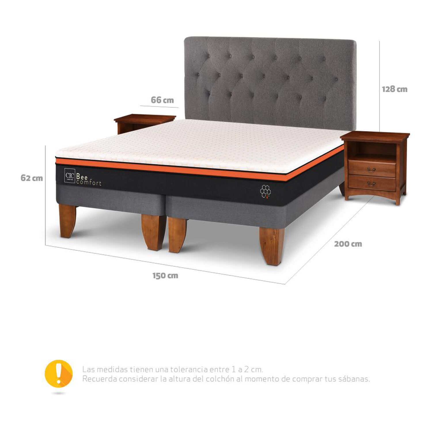 Cama Europea Cic Bee Comfort / 2 Plazas / Base Dividida + Set De Maderas image number 2.0